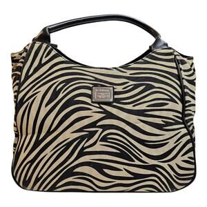 Liz Claiborne Tote Fabric Large Zebra Print Bag Double Handles Snap Closure